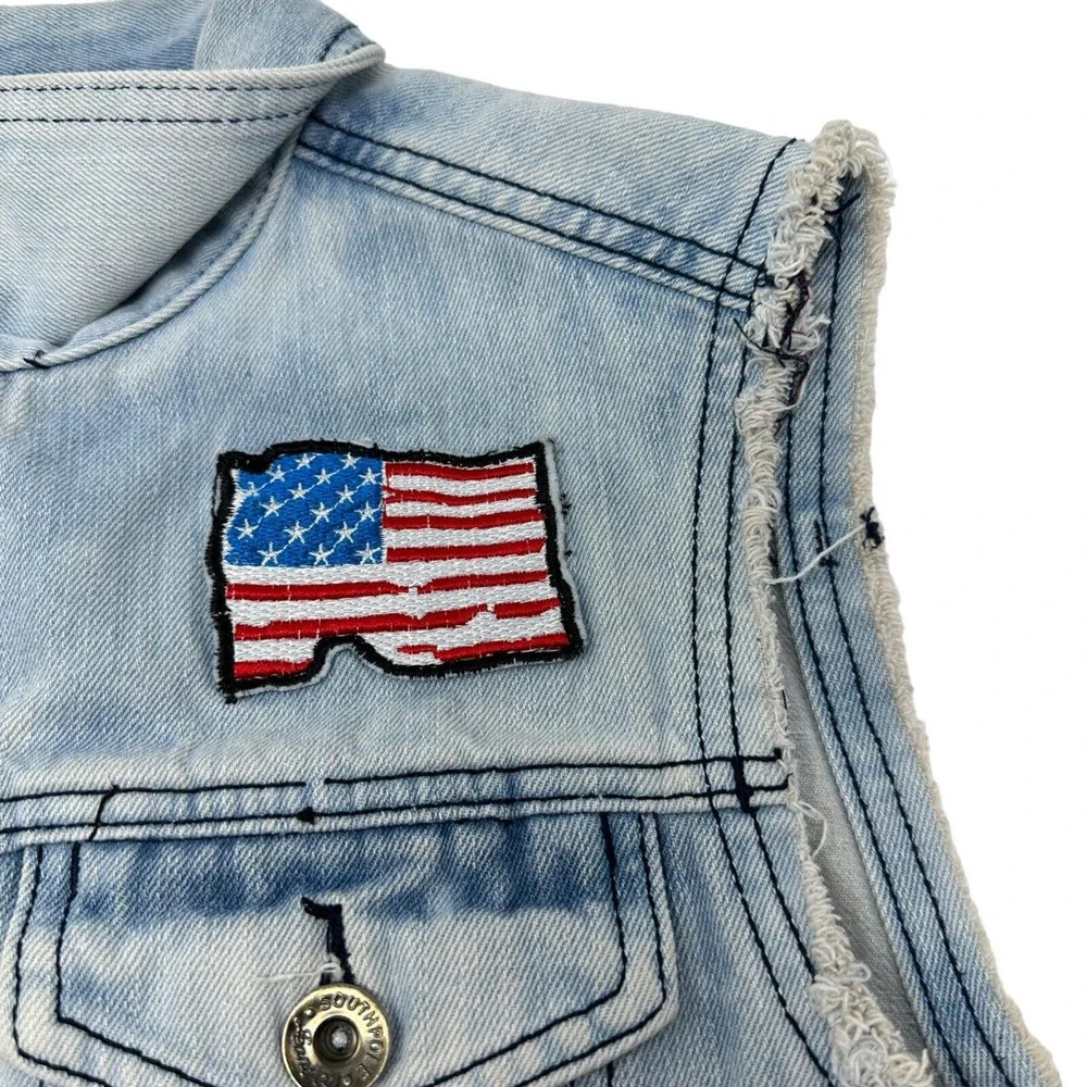 Southpole Mens Jean‎ Jacket Vest Denim American Flag Patch Distressed Blue Small